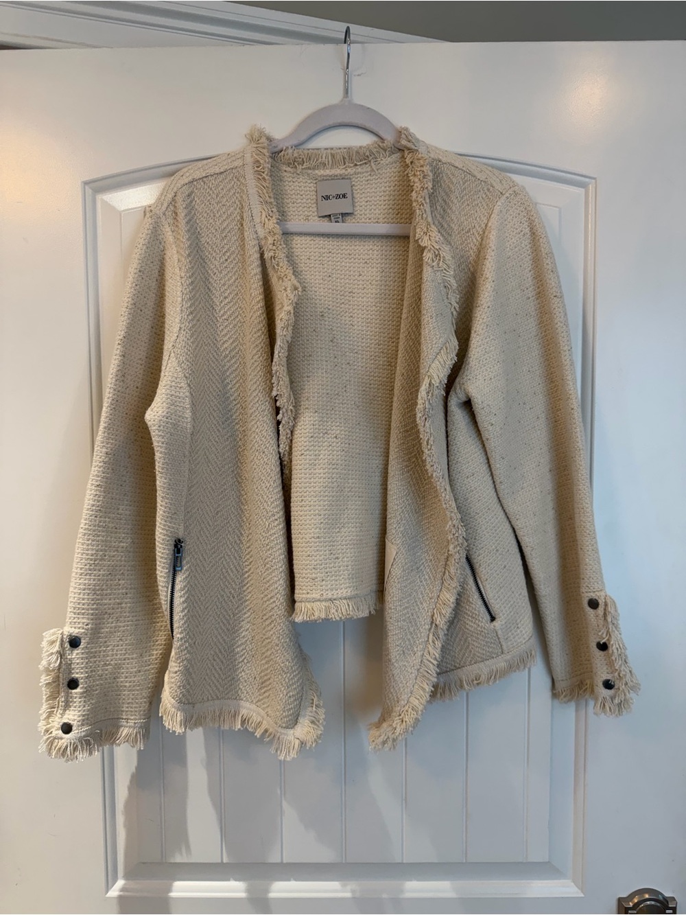 NIC+ZOE Cream Fringe Knit Jacket with Subtle Gold Threading